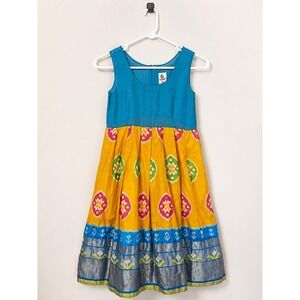 Pothys 100% Silk Colorblock Ikat Fit & Flare Dress Blue Mustard